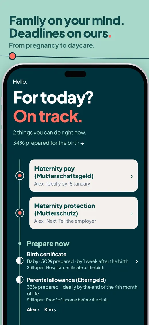 Family on your mind. Deadlines on ours. The app: “For today? On track.”